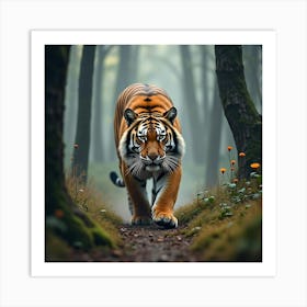 A Majestic Siberian Tiger Prowling Through The Forest 1 Art Print