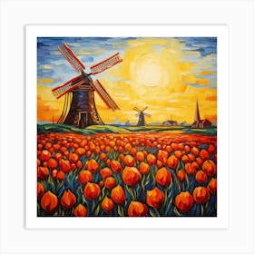 Windmills And Tulips Art Print