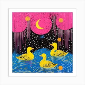 Duckling Colourful In The Pond Linocut Style 4 Art Print