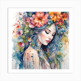 Watercolor Of A Girl With Flowers Art Print