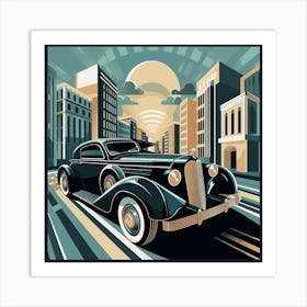 Art Deco-inspired sleek vintage car against cityscape Art Print