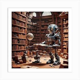 A robotic figure resembling a Pixar character, delves into a mysterious lost library Art Print