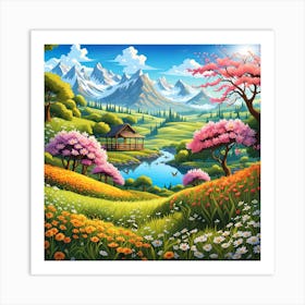 Landscape With Trees And Flowers Art Print