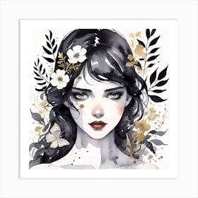 Selective Colour Portrait Of A Beautiful Girl With Flowers Square Format Art Print