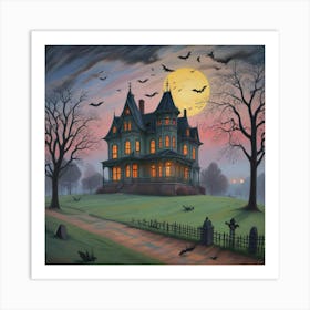 Haunted Manor Bats Under The Blood Moon (3) Art Print