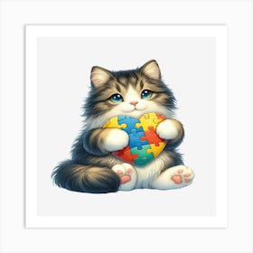 Autism Puzzle Piece Cat (Norwegian Forest) Art Print