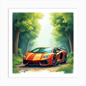 Lamborghini Aventador Surrounded By A Watercolor Lush Forest 1 Art Print