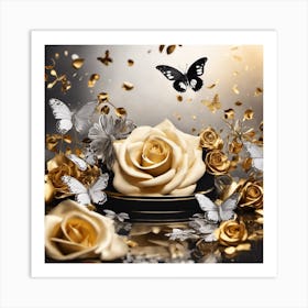 Gold Rose With Butterflies Art Print