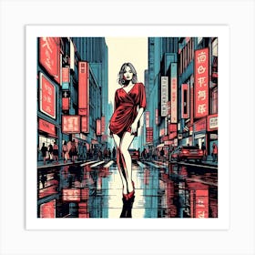 Asian Girl In Red Dress Art Print