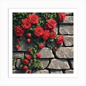 Red Climbing Roses On Stone Wall Art Print