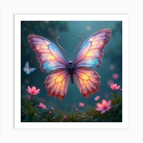 A Dreamy Butterfly With Wings Of Cascading, Neon Ribbons Fluttering Through A Magical Meadow Art Print