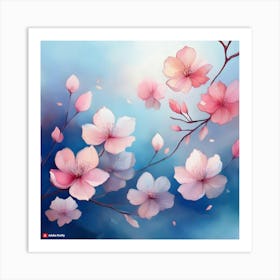 Firefly Abstract Cherry Blossom Petals In Watercolor Style, Floating Gently On A Misty Blue Backgrou (3) Art Print