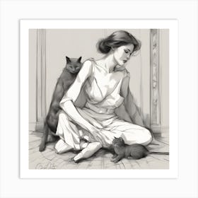 Woman With Cats Art Print