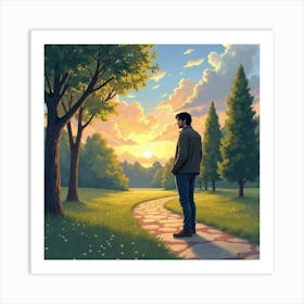 Keanu Reeves In A Peaceful Watercolor Park Scene With A Glowing Sky Art Print