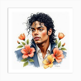 Watercolor Portrait Of Michael Jackson With Blooming Flowers 1 Art Print