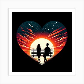 Couple Sitting On Bench At Sunset 1 Art Print