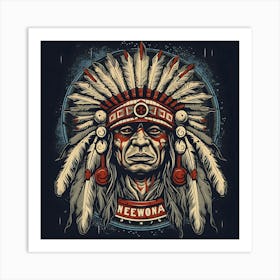 Indian Chief Leader Headdress Man Portrait Tribe Tribal Indigenous Cartoon Art Print