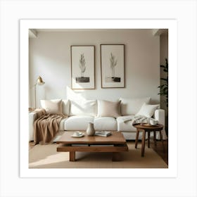 Minimalist Living Room With A White Sofa, Wooden Furniture, And Neutral Toned Artwork Art Print