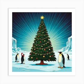 Christmas tree with penguins  Art Print