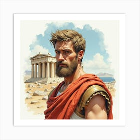 A Watercolor Painting Of A Greek Man With A Noble Bearing, Set Against An Ancient Temple 1 Art Print