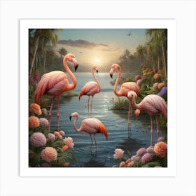 Flamingos At Sunset Art Print