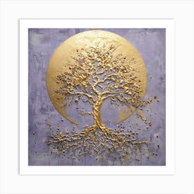 Golden Tree of Life with Radiant Moon Abstract Digital Art for Modern Decor Art Print