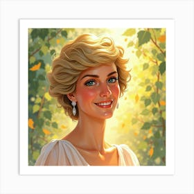 Princess Diana Smiling With A Blend Of Watercolor Leaves And Golden Light 1 Art Print