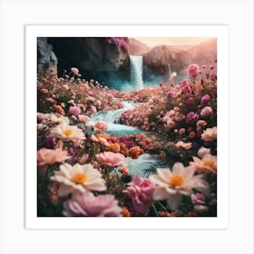 Waterfall With Flowers Art Print