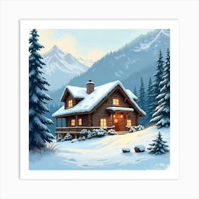 Cozy Mountain Cabin In Watercolor, With Snow Covered Roofs And Warm Lights Art Print