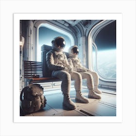 Two Astronauts Sitting On A Bench Art Print