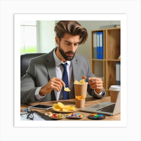 Businessman Eating Chips In The Office Art Print