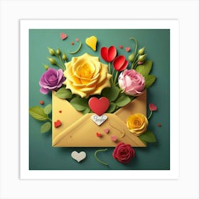 An open red and yellow letter envelope with flowers inside and little hearts outside 13 Art Print