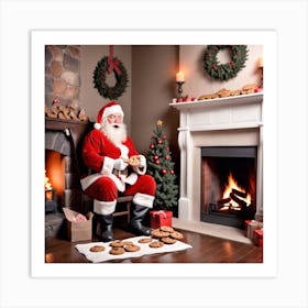 Santa Claus In Front Of Fireplace Art Print