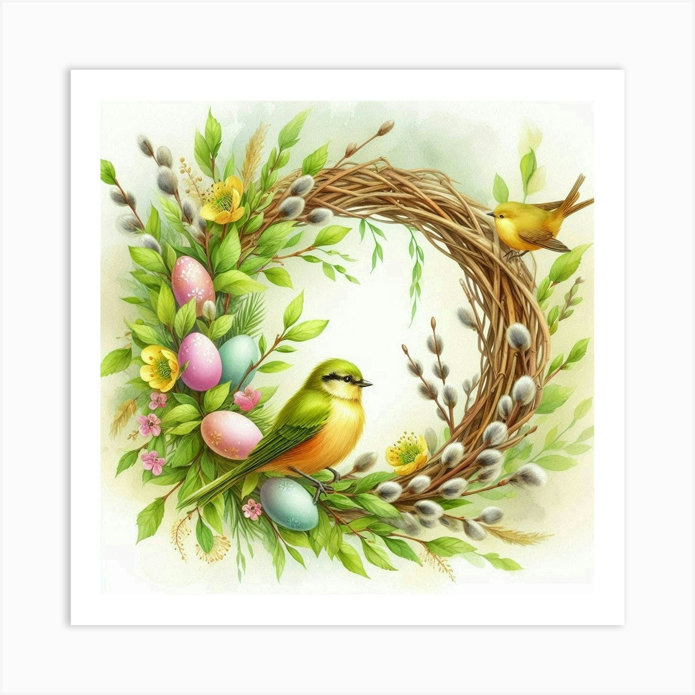 Easter Blooming Wreath With Willow Branches, Birds And Eggs, Watercolor Painting Style Art Print by SmetArt