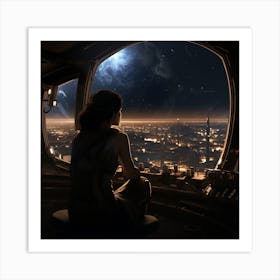 Woman Looking Out Of A Spaceship Window Art Print