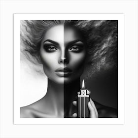 Black And White Portrait Of A Woman Holding A Lighter 1 Art Print