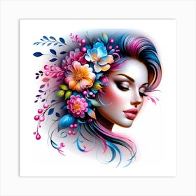 Portrait Of A Woman With Flowers Art Print