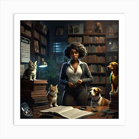 Woman In A Library With Dogs 1 Art Print