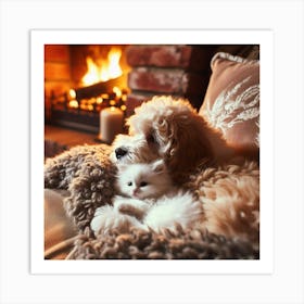 Dog And Cat Cuddling In Front Of Fireplace Art Print