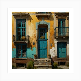 Old Building With Blue Shutters Art Print