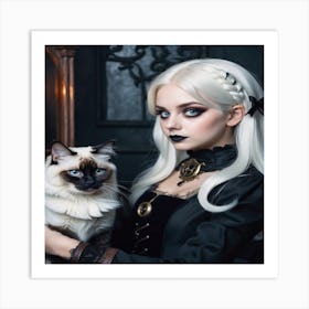 Gothic Girl With Cat Art Print