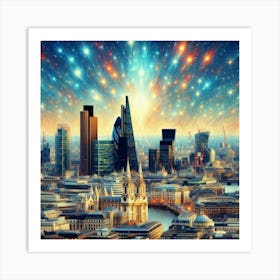 City skyline of london, pulsating quasar style, oil painting style Art Print