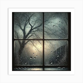 Rainy Window Reflection Wall Art: A Somber Scene of Raindrops and Bare Branches for Thoughtful and Melancholic Decor Print Art Art Print