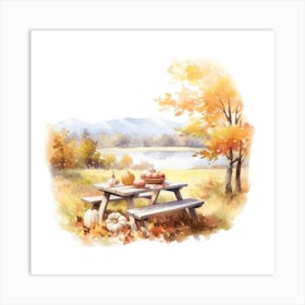 Watercolor Autumn Picnic Table 1 Art Print