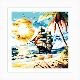 Beach With Palm Trees And A Hyper Realistic Bright Sun Art Print