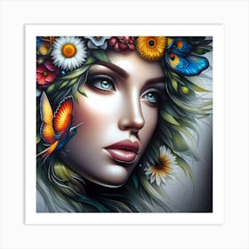 Portrait Of A Woman With Flowers 2 Art Print