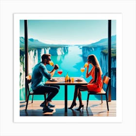 Couple Sitting At Table Drinking Wine Art Print