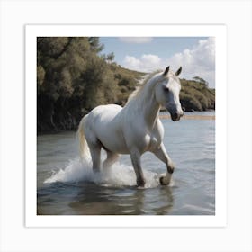 White Horse In Water Art Print