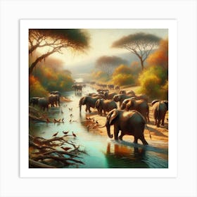 Elephants In The River Art Print