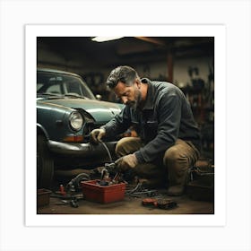 Mechanic Working On A Car Art Print